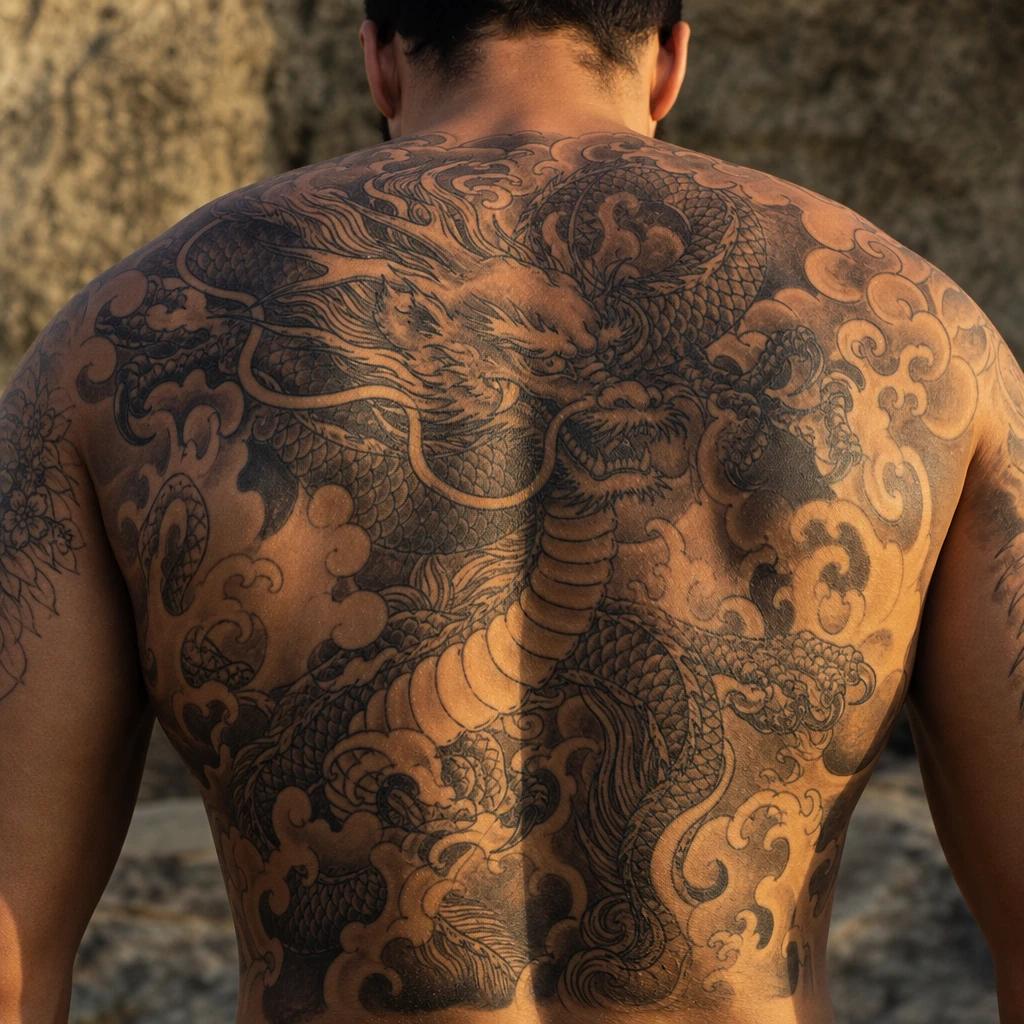 idée tatouage dos homme dragon japonais irezumi, photo réaliste sur peau