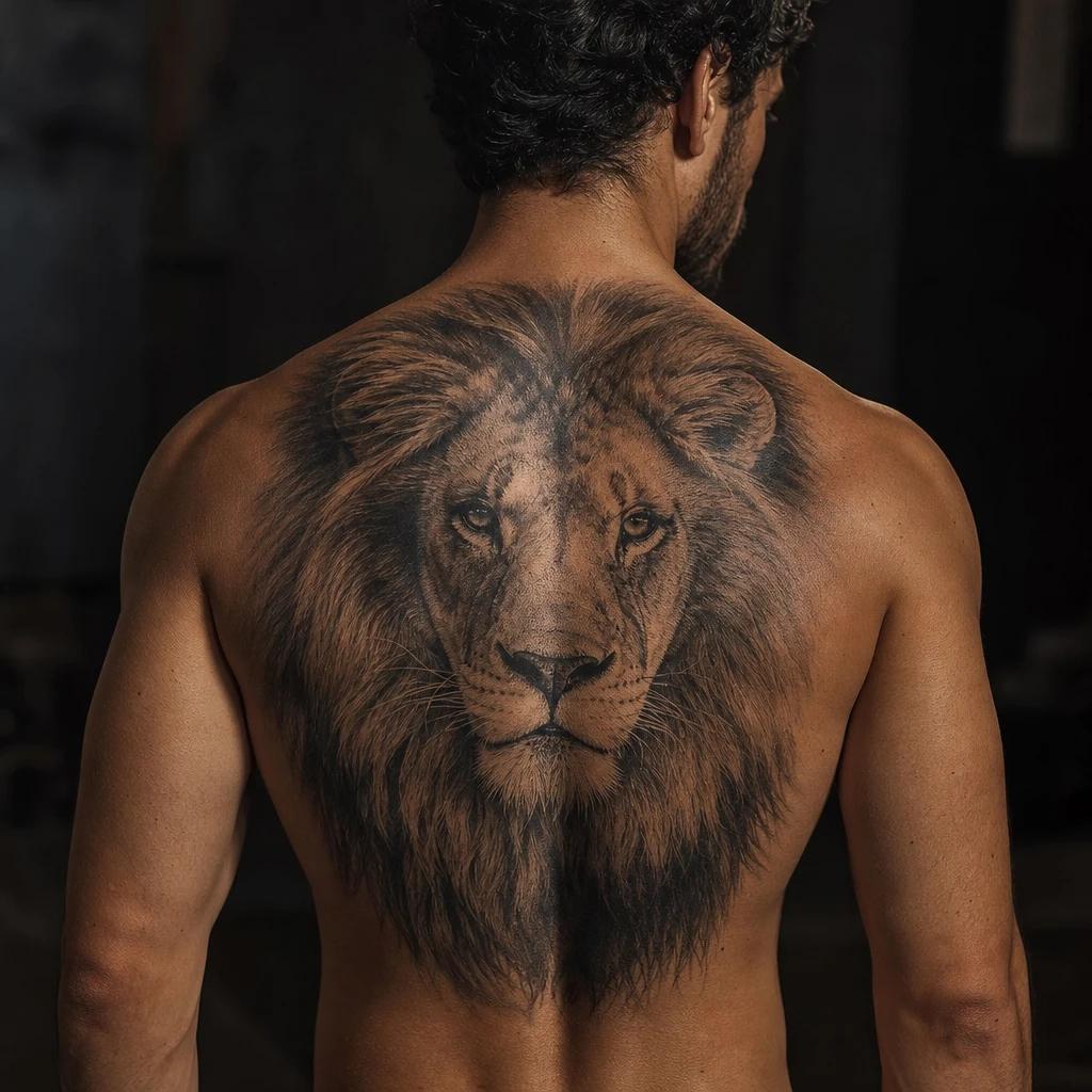 idée tatouage dos homme lion réaliste haut du dos, photo réaliste sur peau