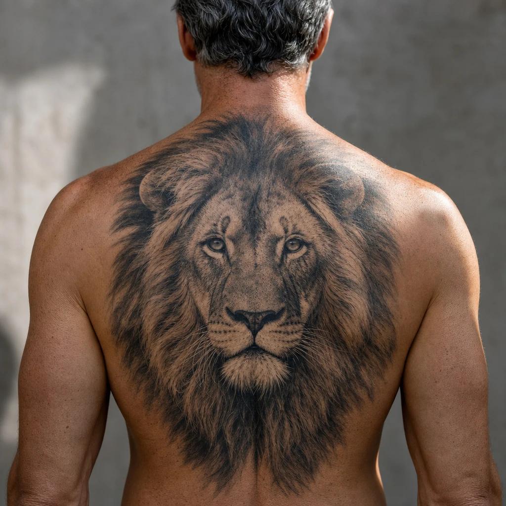 idée tatouage dos homme lion réaliste haut du dos, photo réaliste sur peau