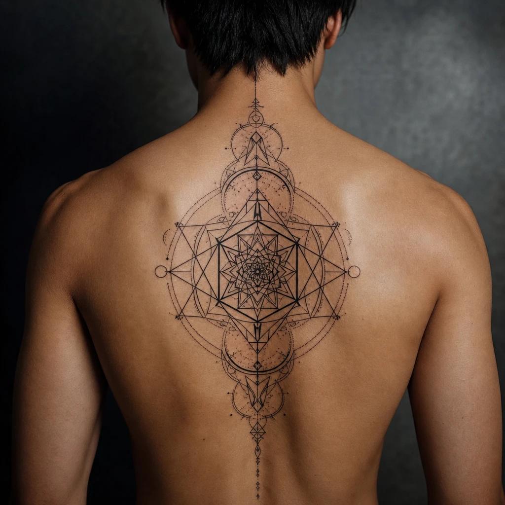 idée tatouage dos homme géométrie sacrée dorsale, photo réaliste sur peau