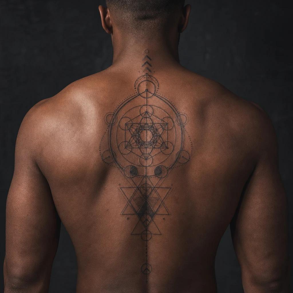 idée tatouage dos homme géométrie sacrée dorsale, photo réaliste sur peau