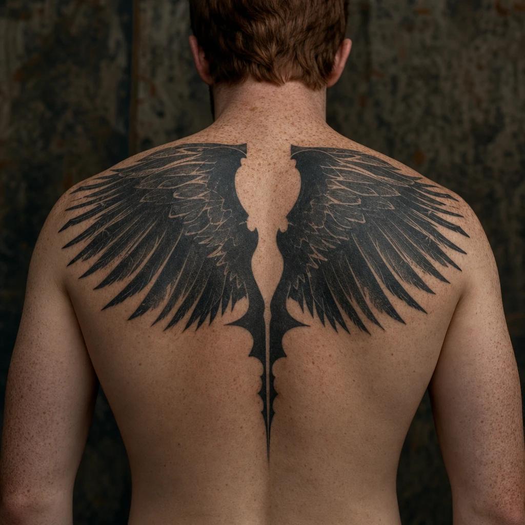 idée tatouage dos homme ailes blackwork omoplates, photo réaliste sur peau