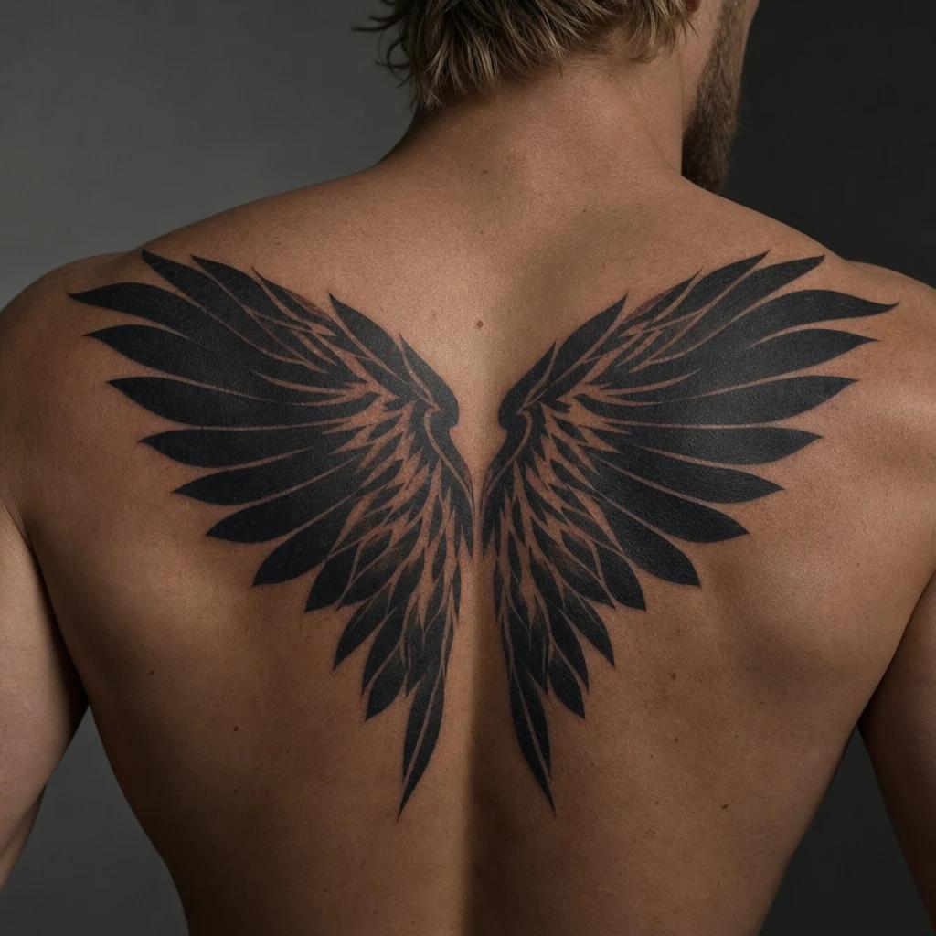 idée tatouage dos homme ailes blackwork omoplates, photo réaliste sur peau