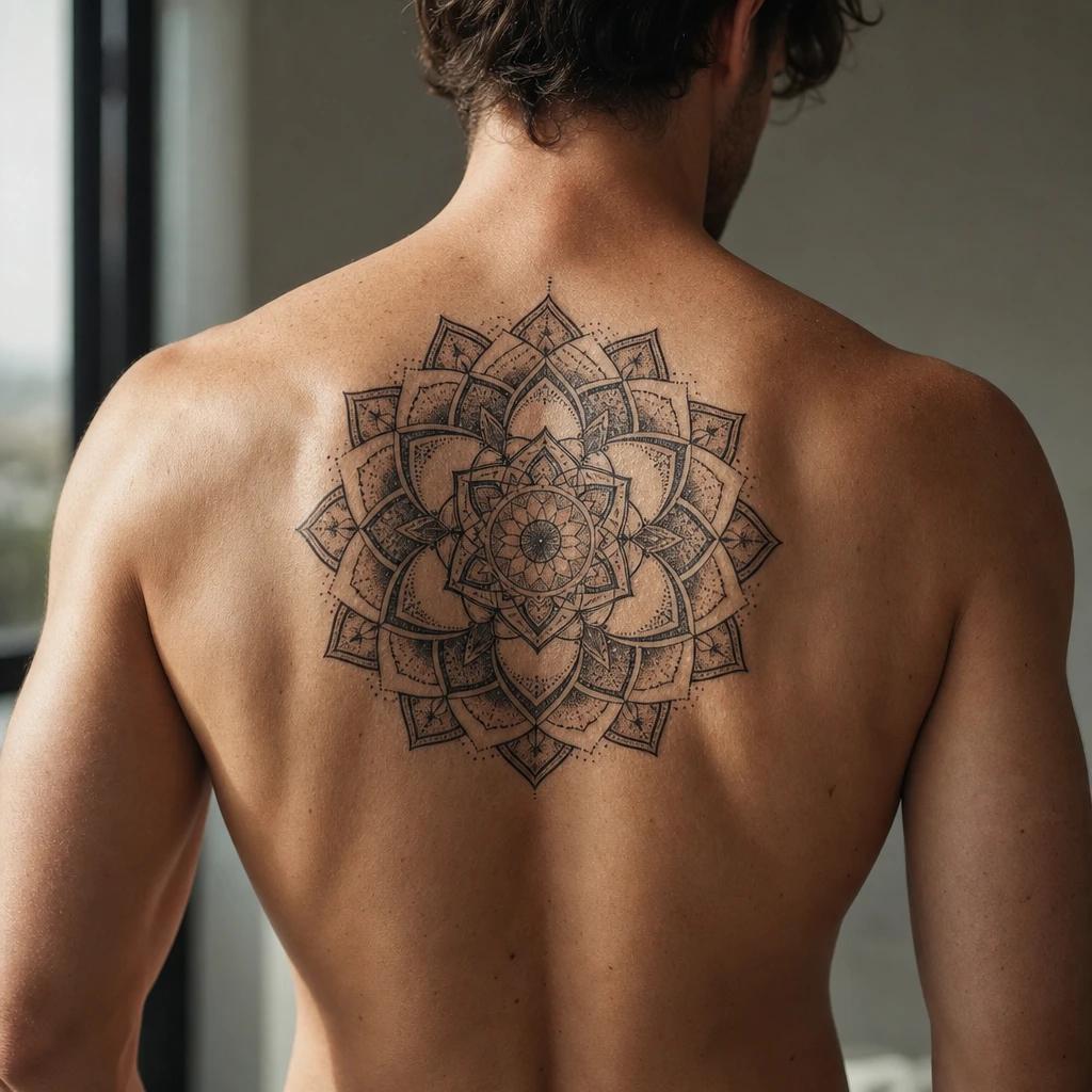 idée tatouage dos homme mandala dorsal central, photo réaliste sur peau