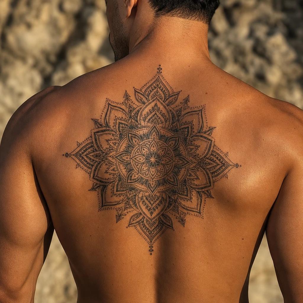 idée tatouage dos homme mandala dorsal central, photo réaliste sur peau