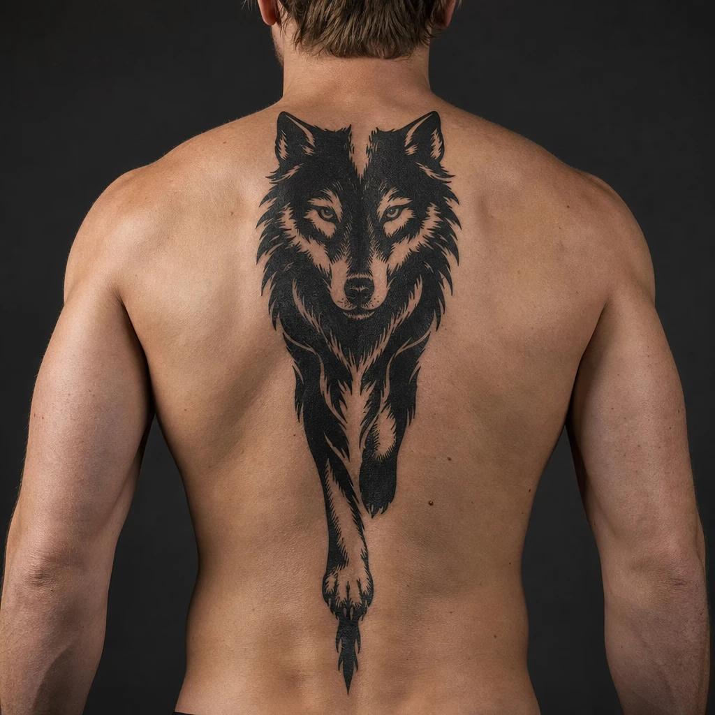 idée tatouage dos homme loup blackwork, photo réaliste sur peau