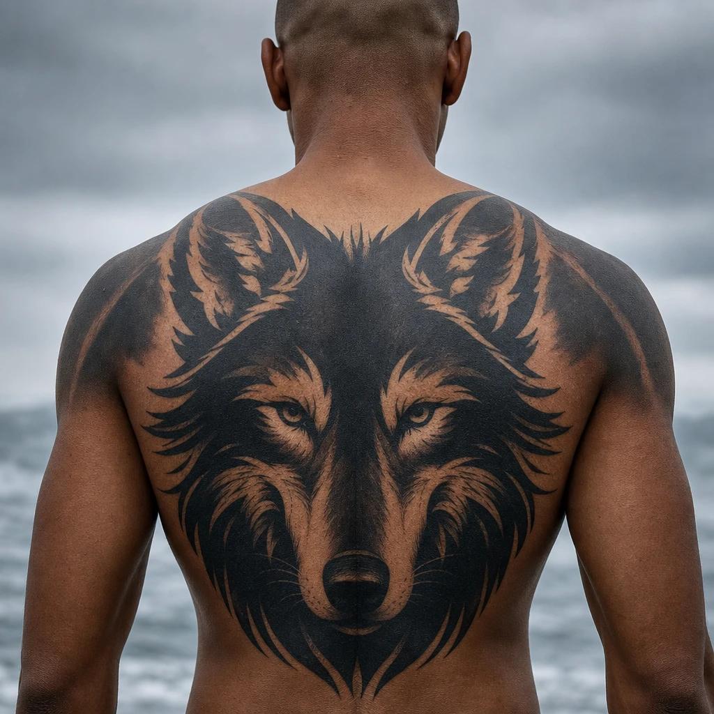 idée tatouage dos homme loup blackwork, photo réaliste sur peau