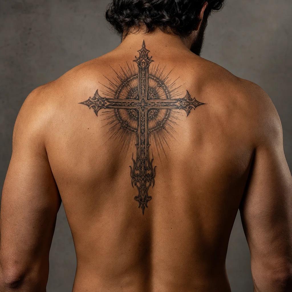 idée tatouage dos homme croix religieuse dos, photo réaliste sur peau