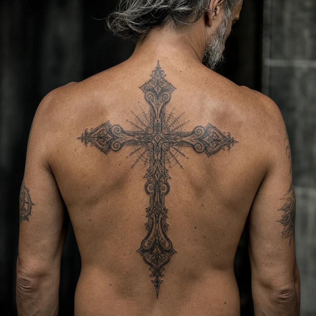 idée tatouage dos homme croix religieuse dos, photo réaliste sur peau