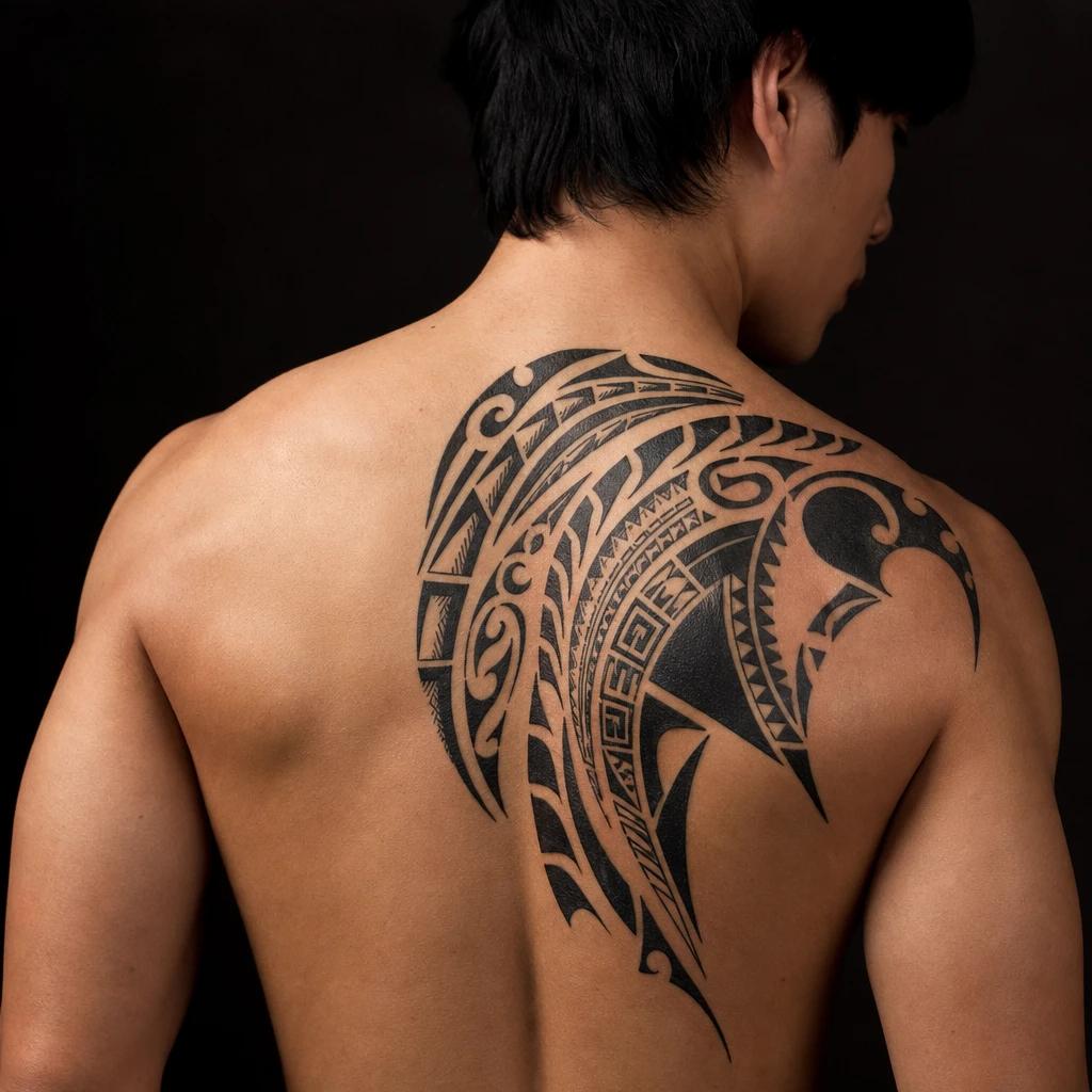 idée tatouage dos homme tribal polynésien épaule-dos, photo réaliste sur peau