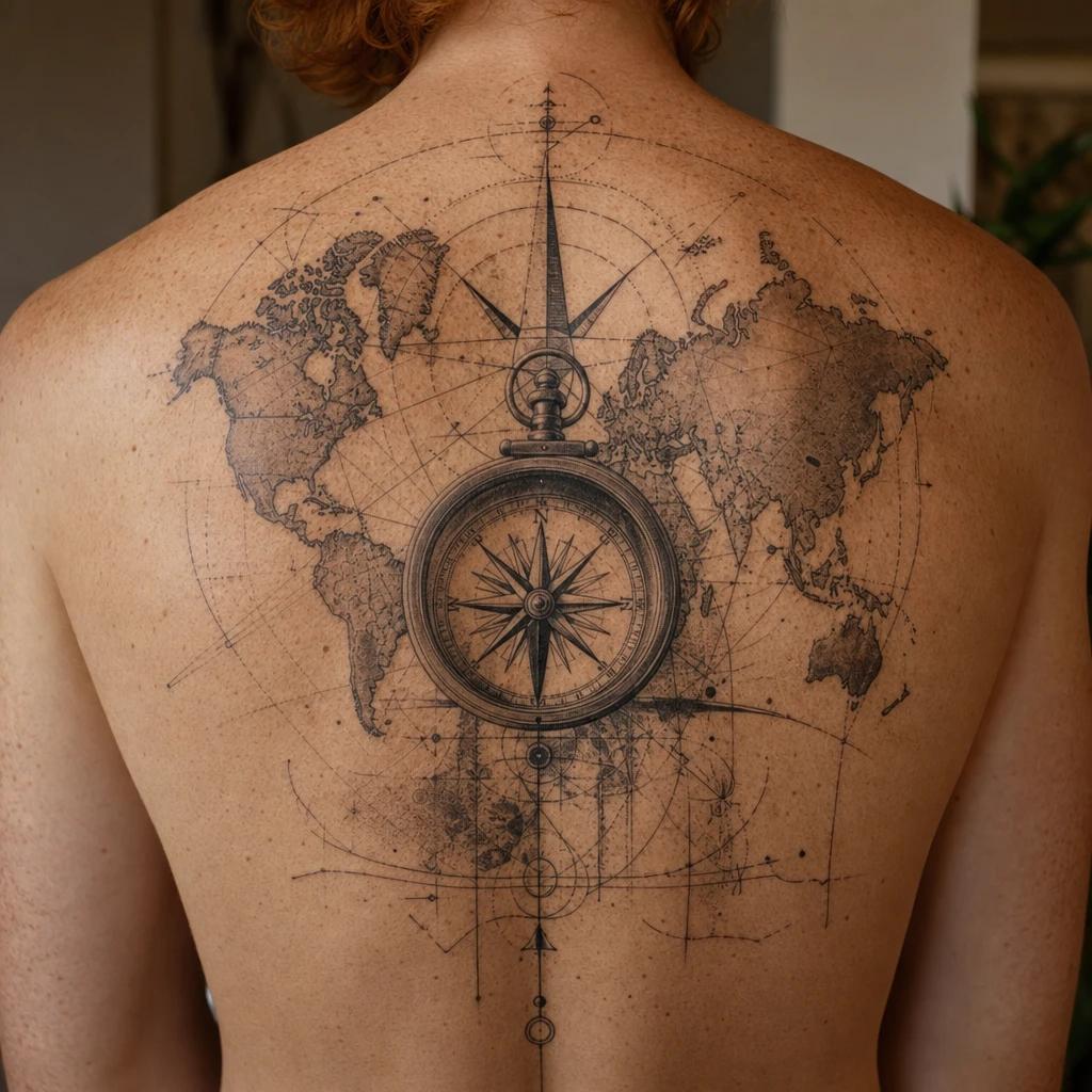 idée tatouage dos homme boussole et carte voyage, photo réaliste sur peau