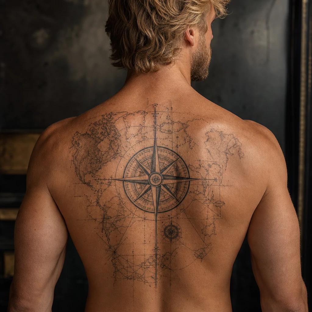 idée tatouage dos homme boussole et carte voyage, photo réaliste sur peau