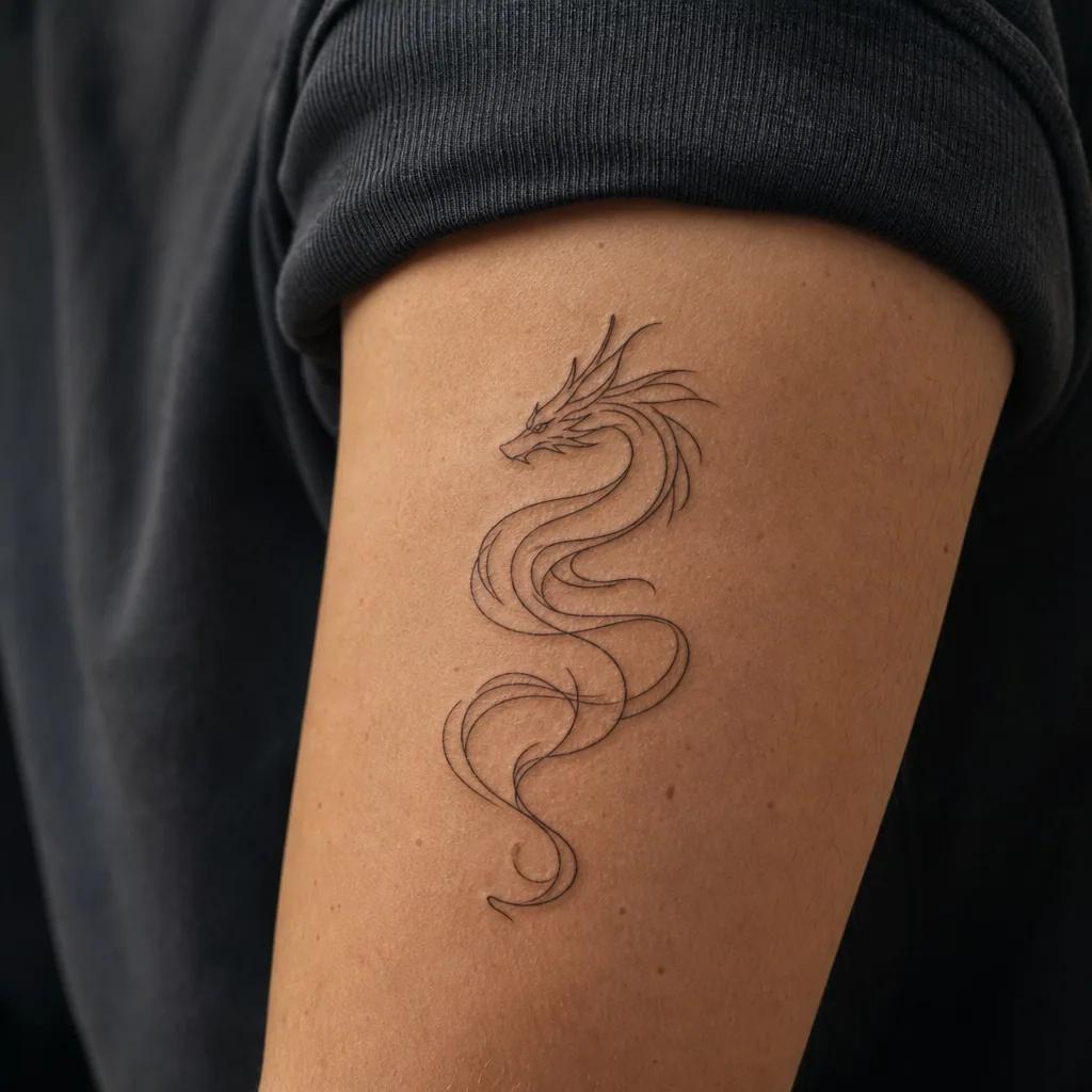 idée tatouage dragon dragon single-line minimaliste, photo réaliste sur peau