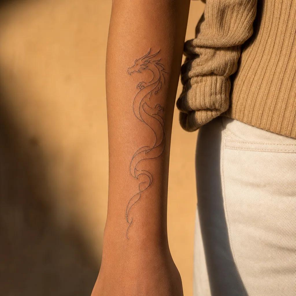 idée tatouage dragon dragon single-line minimaliste, photo réaliste sur peau