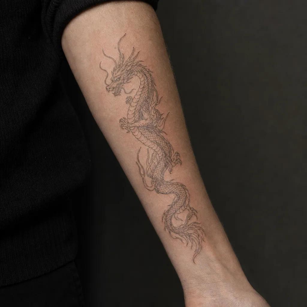idée tatouage dragon dragon fine line oriental, photo réaliste sur peau