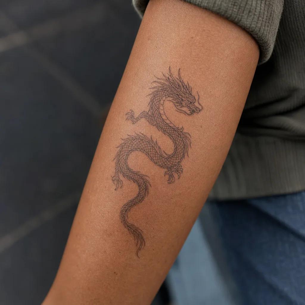 idée tatouage dragon dragon fine line oriental, photo réaliste sur peau