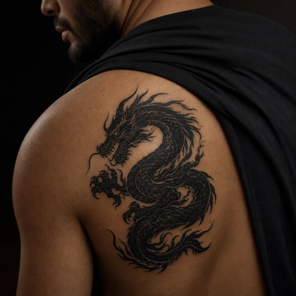 idée tatouage dragon dragon blackwork sombre, photo réaliste sur peau