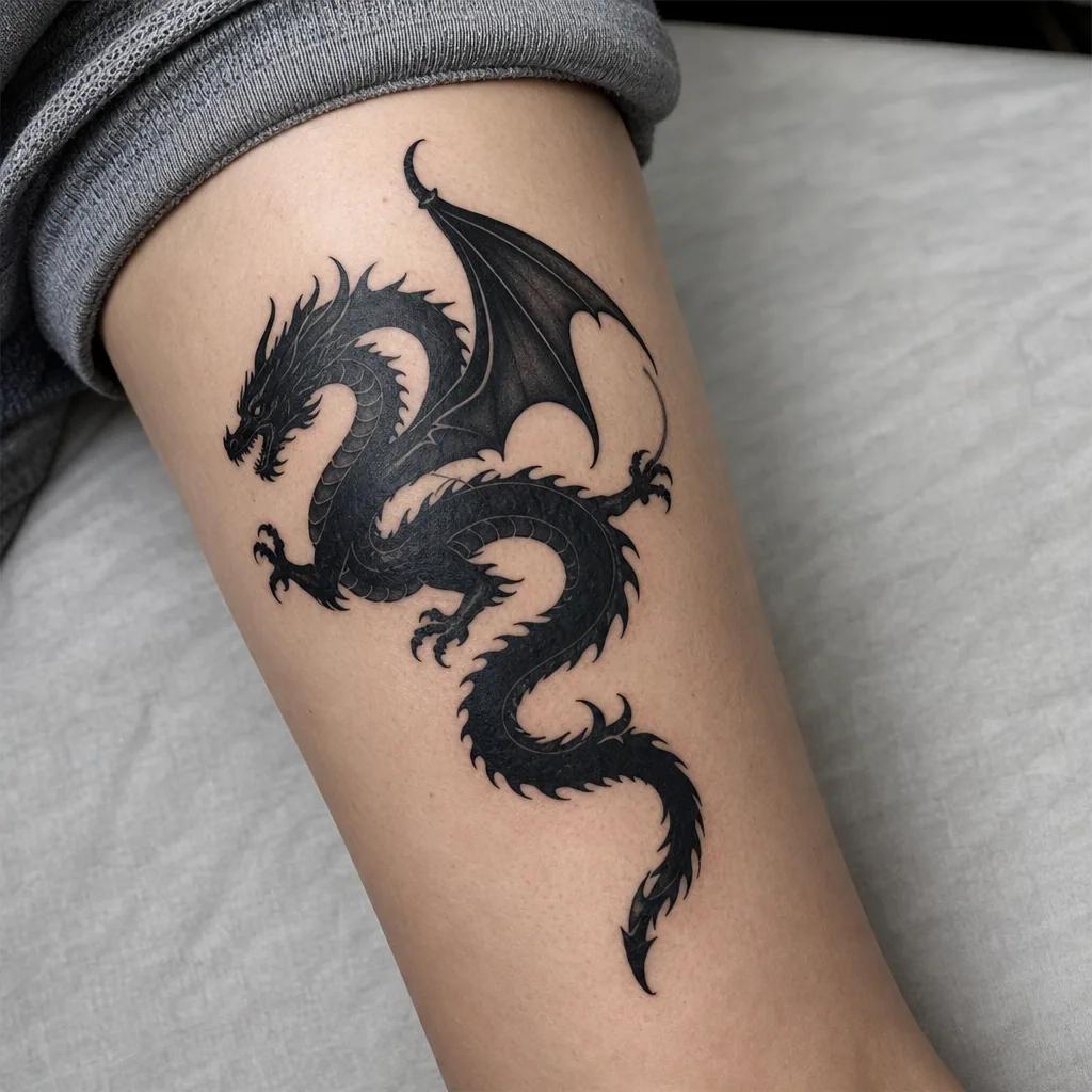 idée tatouage dragon dragon blackwork sombre, photo réaliste sur peau