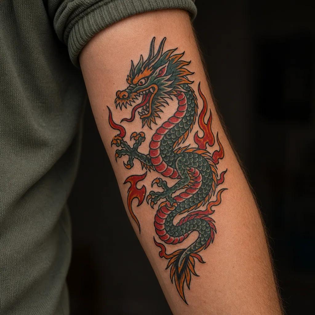 idée tatouage dragon dragon old school flamboyant, photo réaliste sur peau