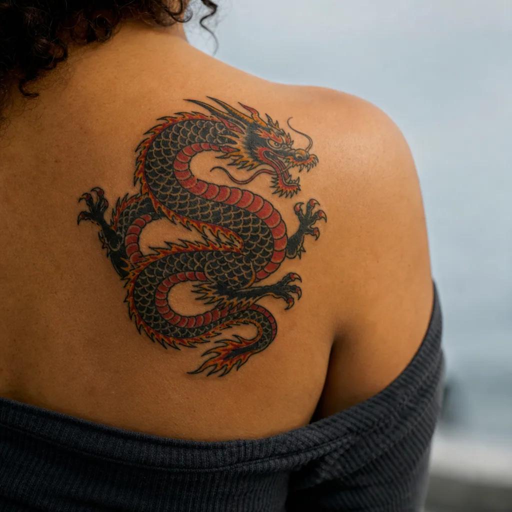 idée tatouage dragon dragon old school flamboyant, photo réaliste sur peau