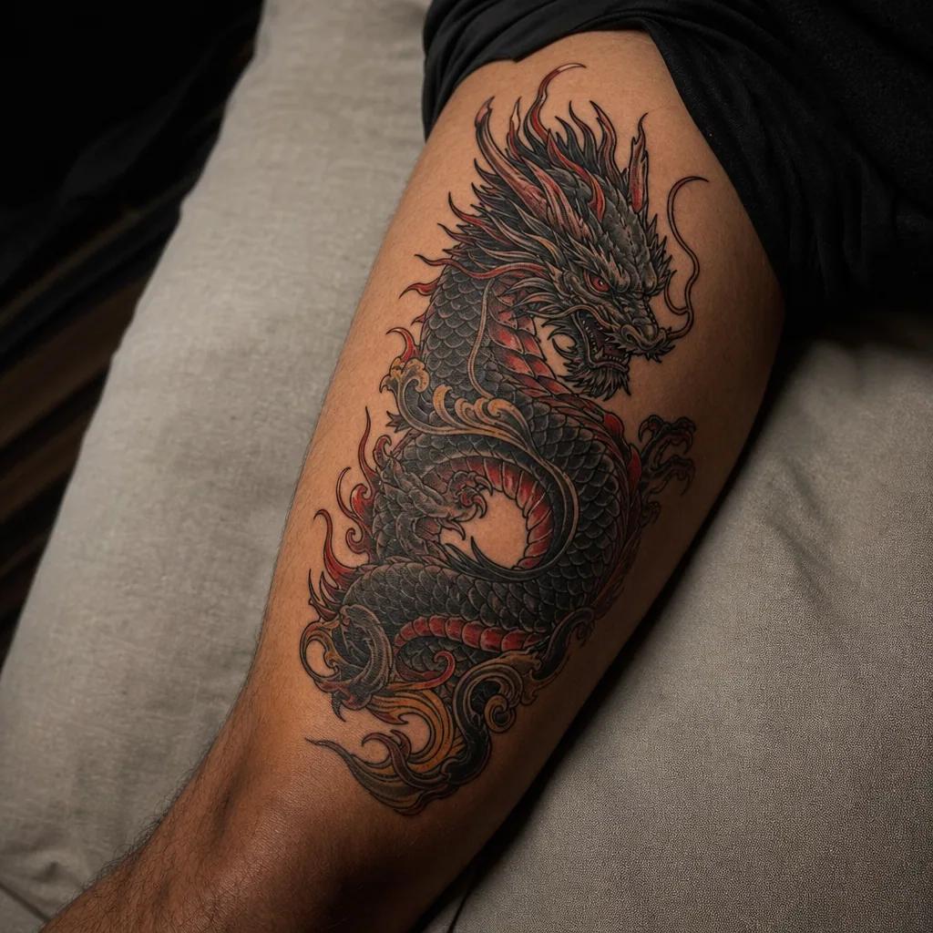 idée tatouage dragon dragon néo-traditionnel rich, photo réaliste sur peau