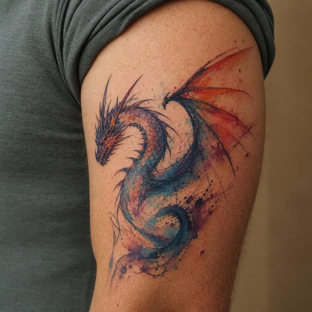 idée tatouage dragon dragon aquarelle vibrant, photo réaliste sur peau