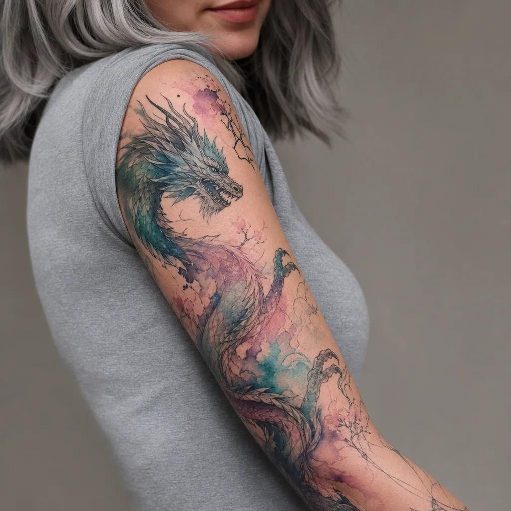 idée tatouage dragon dragon aquarelle vibrant, photo réaliste sur peau