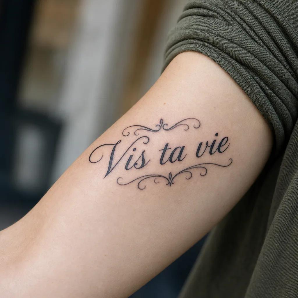 idée tatouage écriture calligraphie ornée à fioritures, photo réaliste sur peau