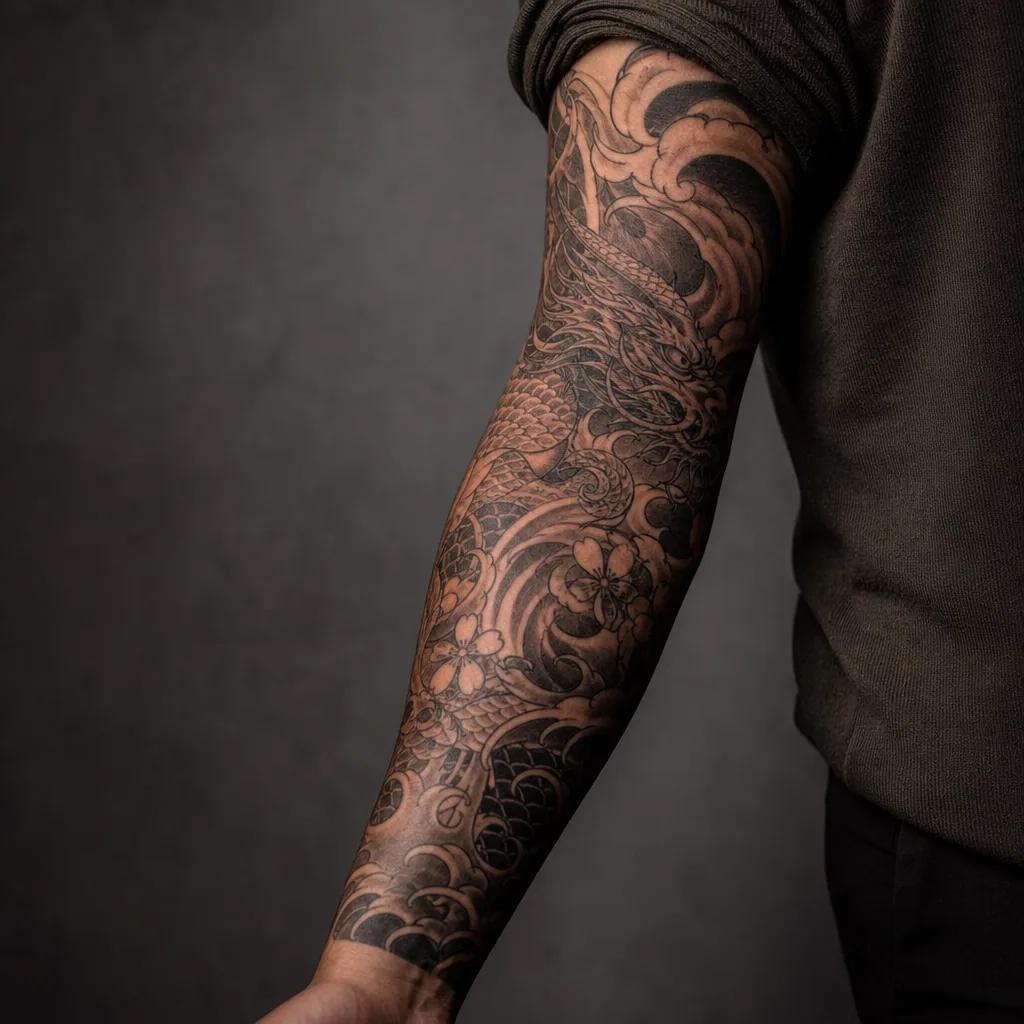 idée tatouage emplacement bras japonais sleeve, photo réaliste sur peau