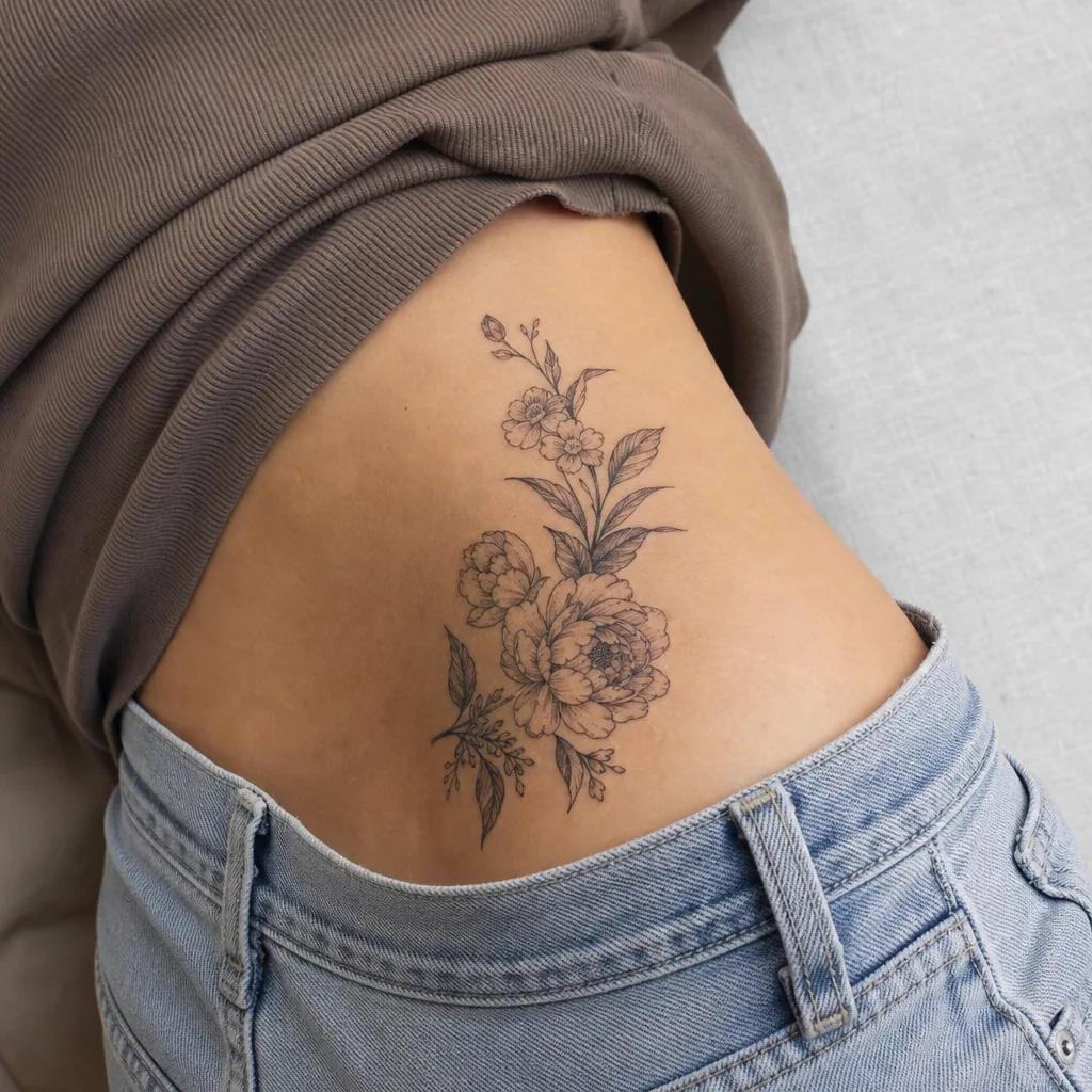idée tatouage emplacement hanche florale, photo réaliste sur peau