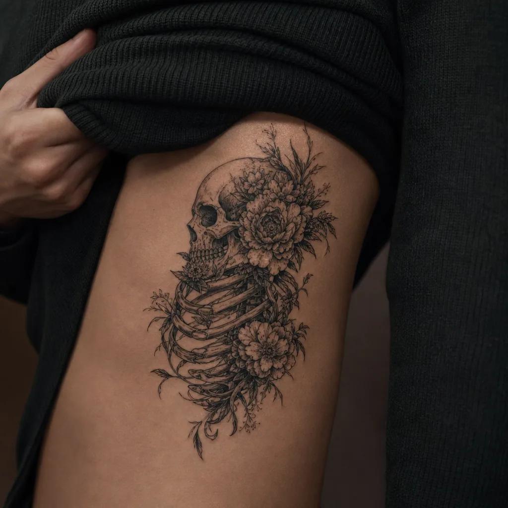 idée tatouage emplacement côtes crâne fleuri, photo réaliste sur peau