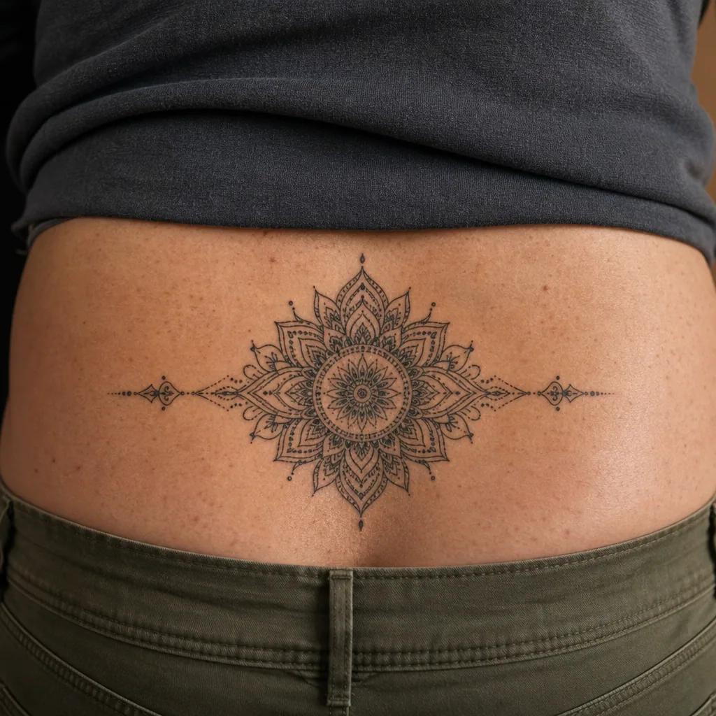 idée tatouage emplacement bas du dos mandala, photo réaliste sur peau