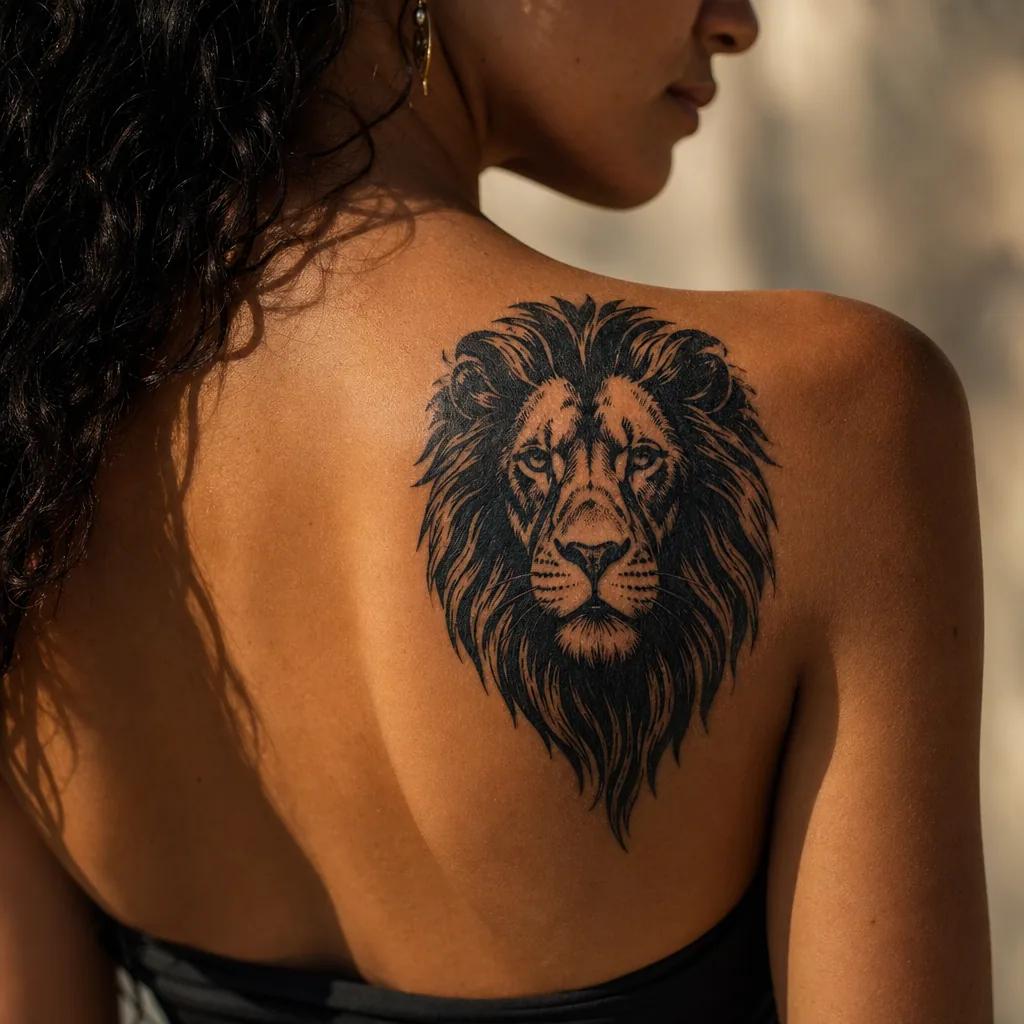 Tatouage lion blackwork visualisé sur l'épaule avec l'application tatouage