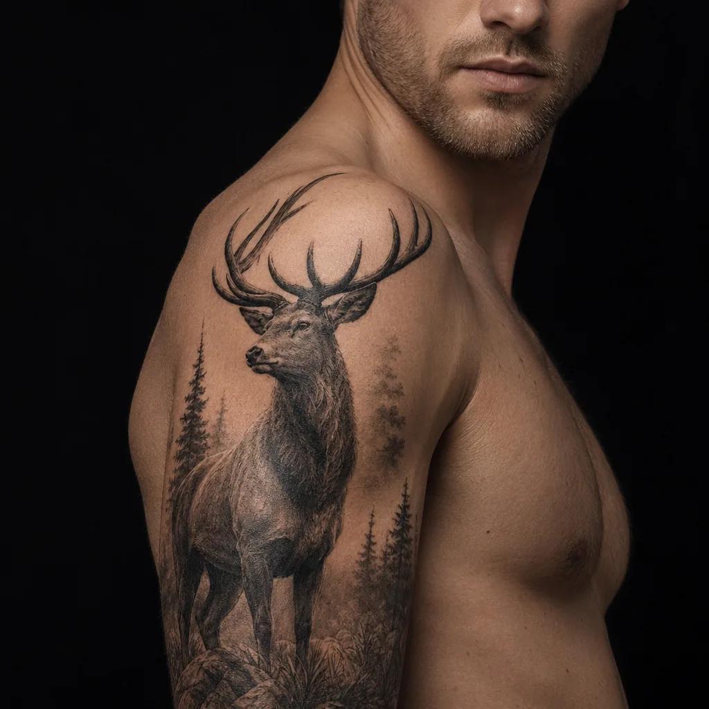 idée tatouage épaule cerf réaliste majestueux, photo réaliste sur peau