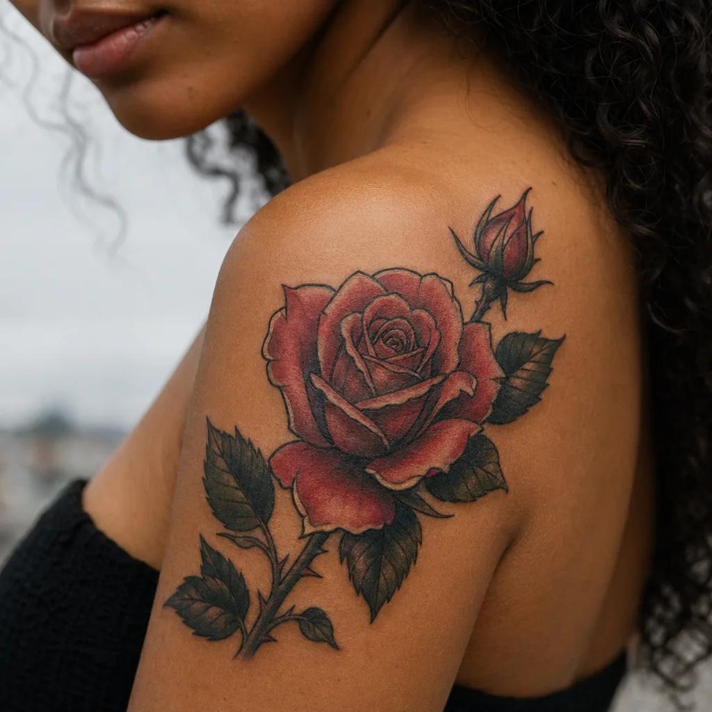 idée tatouage épaule rose néo-traditionnelle, photo réaliste sur peau