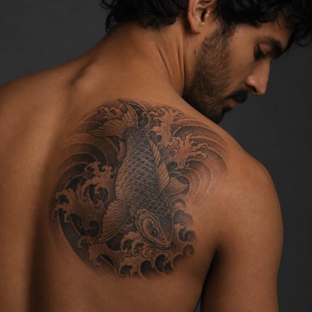 idée tatouage épaule carpe koï japonaise, photo réaliste sur peau