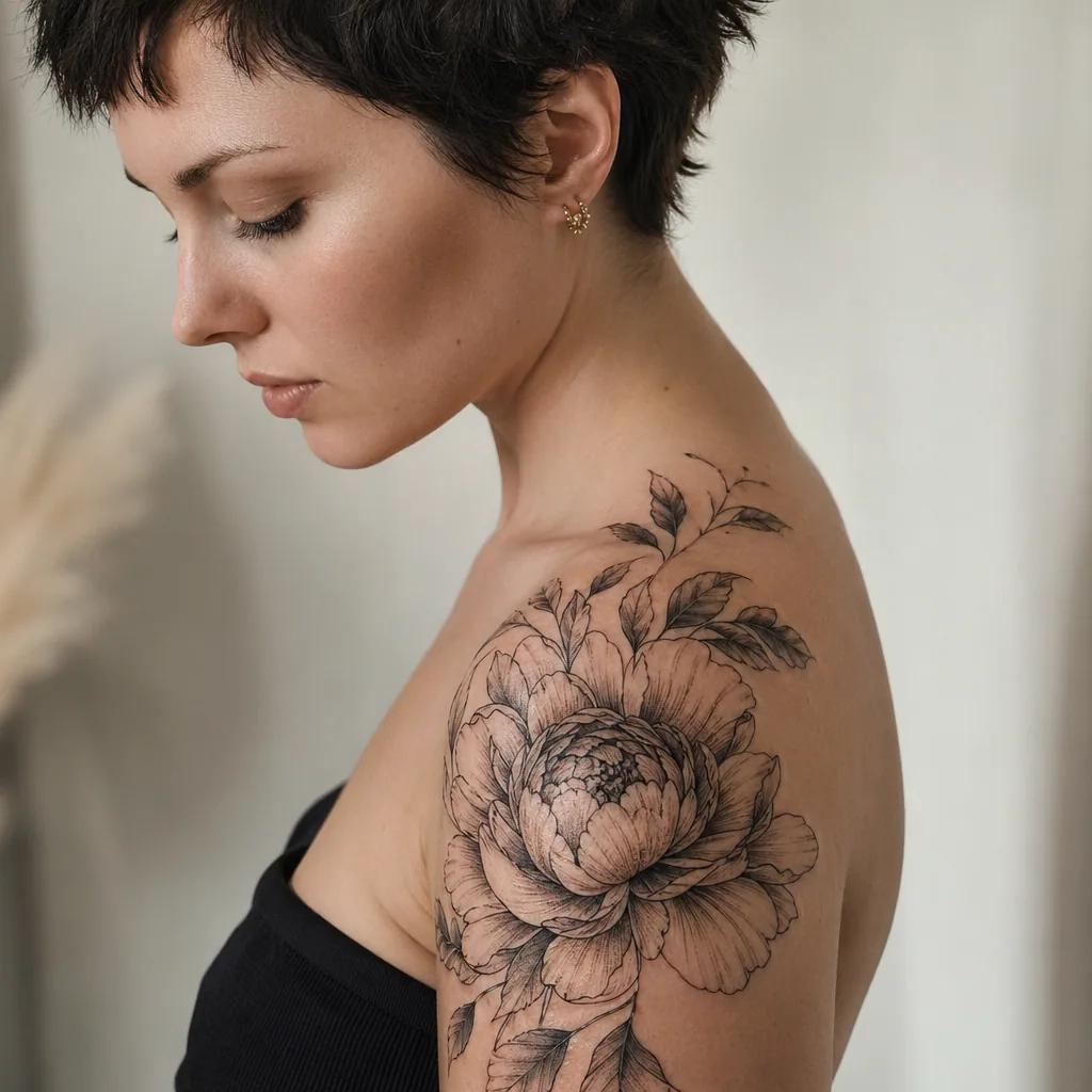 idée tatouage épaule pivoine florale détaillée, photo réaliste sur peau