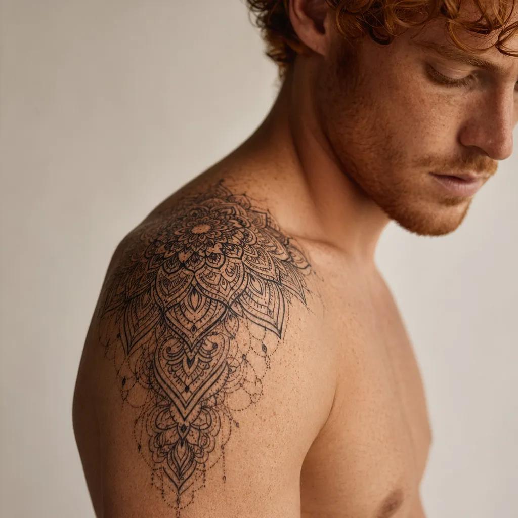 idée tatouage épaule mandala ornemental dentelle, photo réaliste sur peau