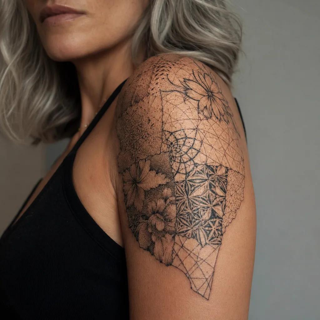 idée tatouage épaule patchwork épaule mixed, photo réaliste sur peau
