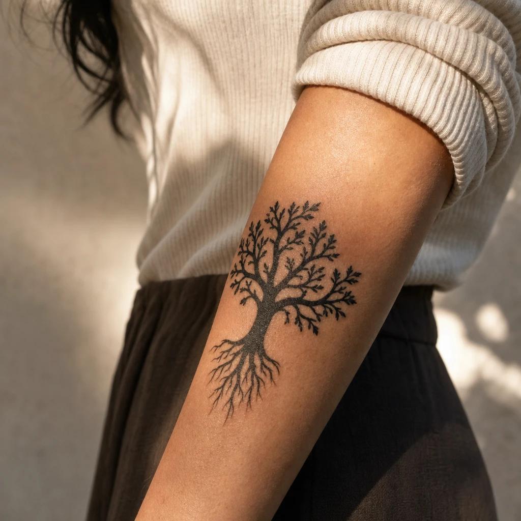 idée tatouage famille arbre généalogique blackwork, photo réaliste sur peau