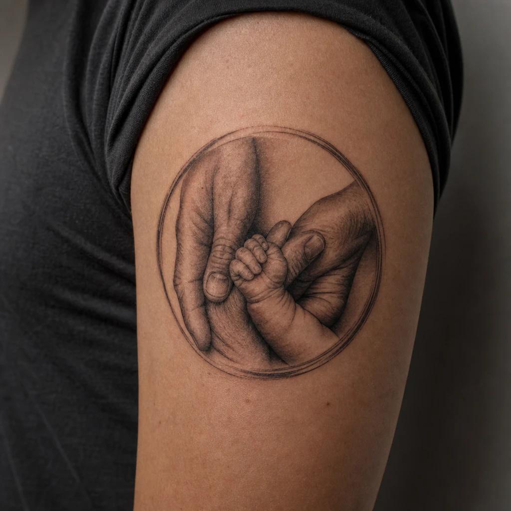 idée tatouage famille mains réalistes en cercle, photo réaliste sur peau