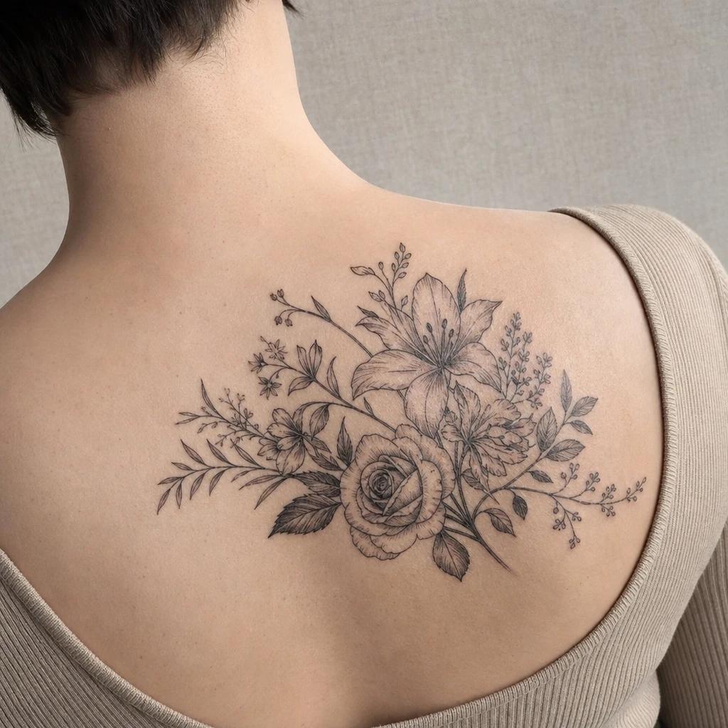idée tatouage famille bouquet familial floral, photo réaliste sur peau