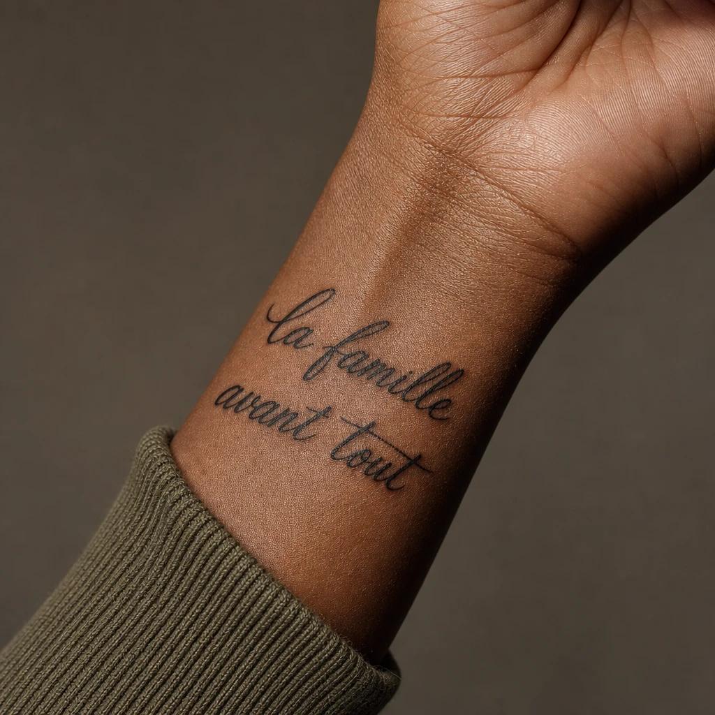 idée tatouage famille lettrage la famille avant tout, photo réaliste sur peau