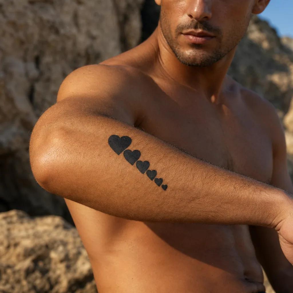 idée tatouage famille homme cœurs alignés blackwork, photo réaliste sur peau