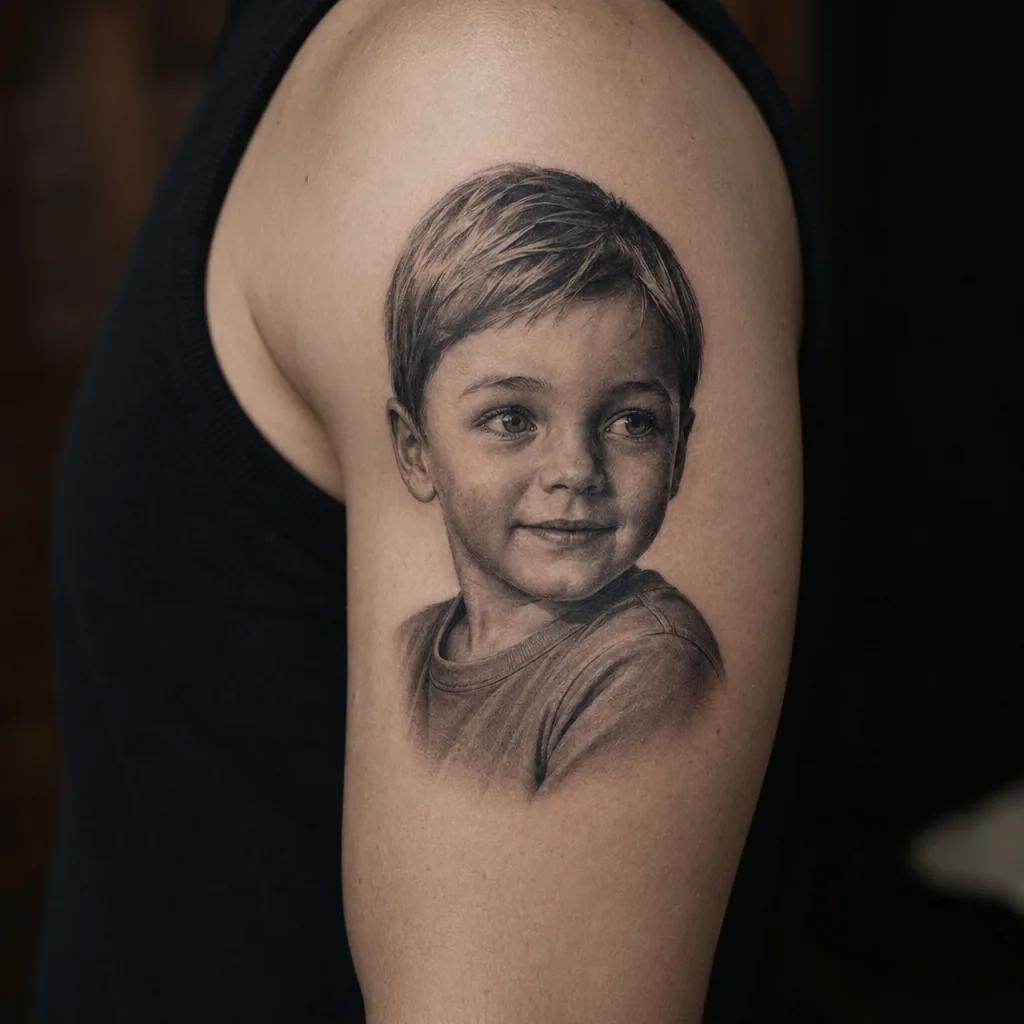 idée tatouage famille homme portrait enfant réaliste, photo réaliste sur peau