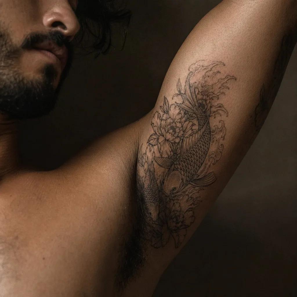 idée tatouage famille homme carpe koï famille, photo réaliste sur peau