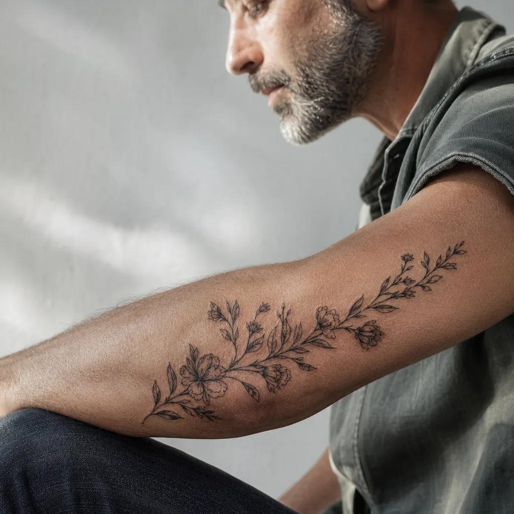 idée tatouage famille homme branche florale prénoms, photo réaliste sur peau