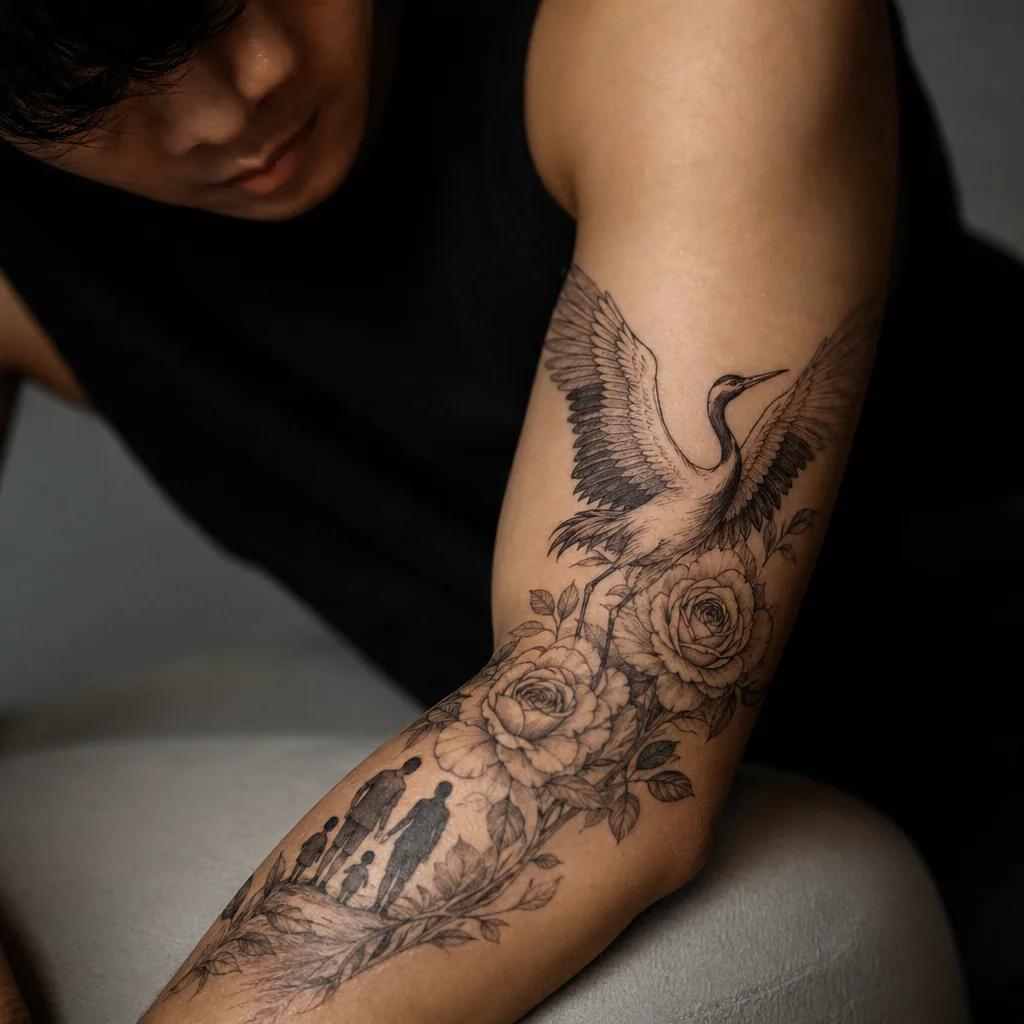 idée tatouage famille homme crâne et roses famille, photo réaliste sur peau