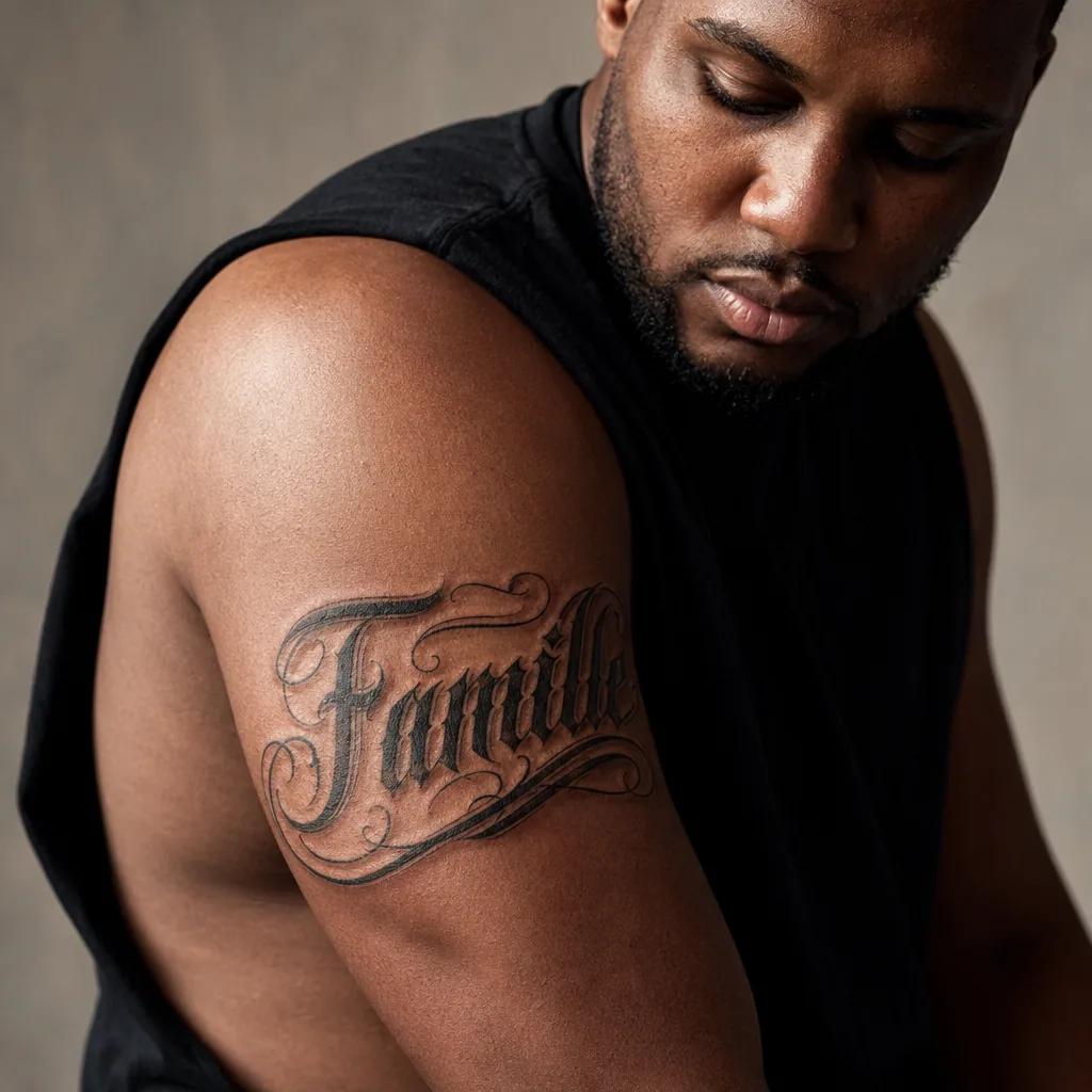 idée tatouage famille homme lettrage famille gothique, photo réaliste sur peau