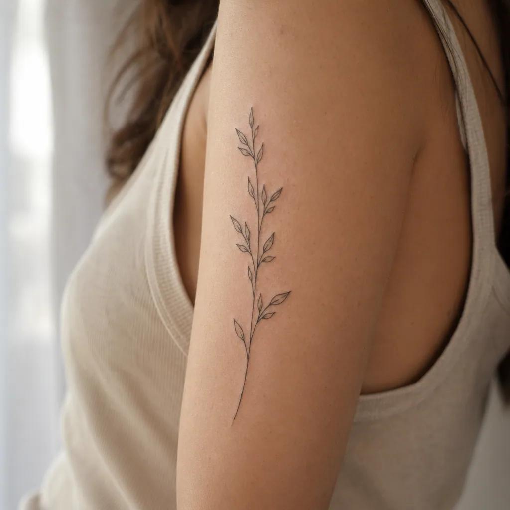 Tatouage branche fine line créé avec l'application et essayé sur le bras d'une femme